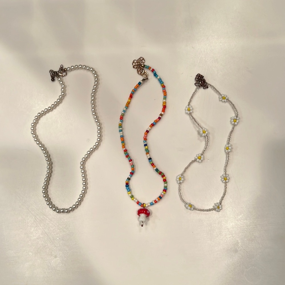 Peral Necklace, Colorful Mushroom Necklace, & Flower Necklace